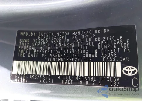 2025 Toyota Corolla Le from USA, damaged, VIN 5YFB4MDE8SP272508